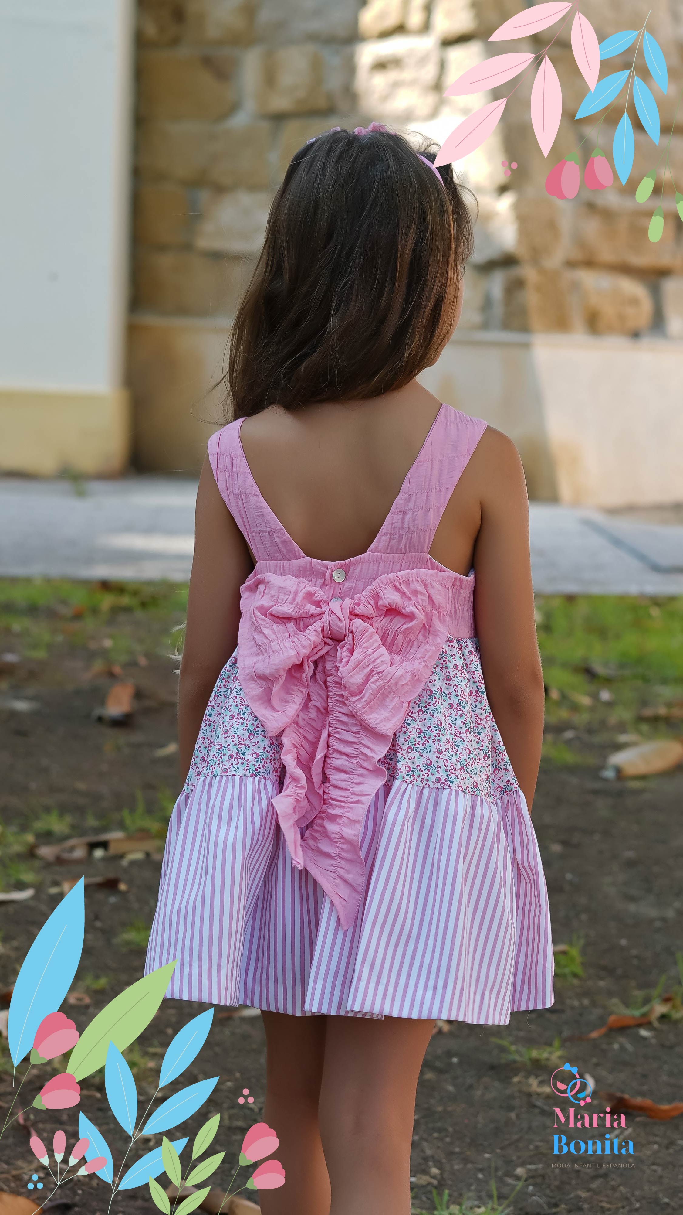 Vestido talle alto rayas y flores