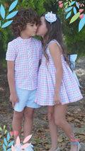 Vestido cuadros celeste y rosa