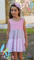 Vestido talle alto rayas y flores